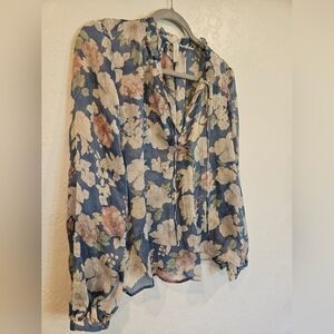 MNG Mango Floral Tie Long Sleeve Blouse Womens US Size S Blue Sheer Polyester.